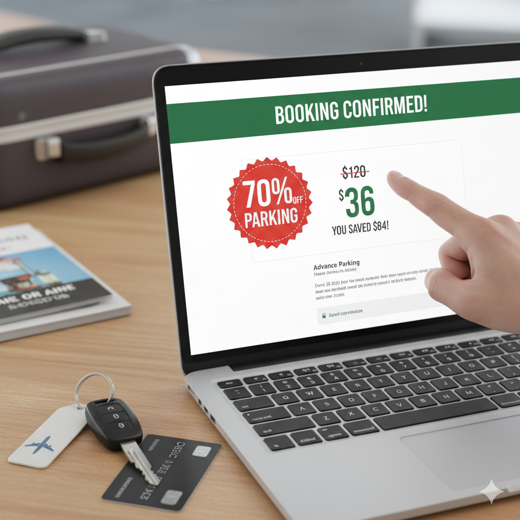 Close-up of a hand pointing at a laptop screen displaying a cheap airport parking advance booking confirmation with significant savings and a coupon code.