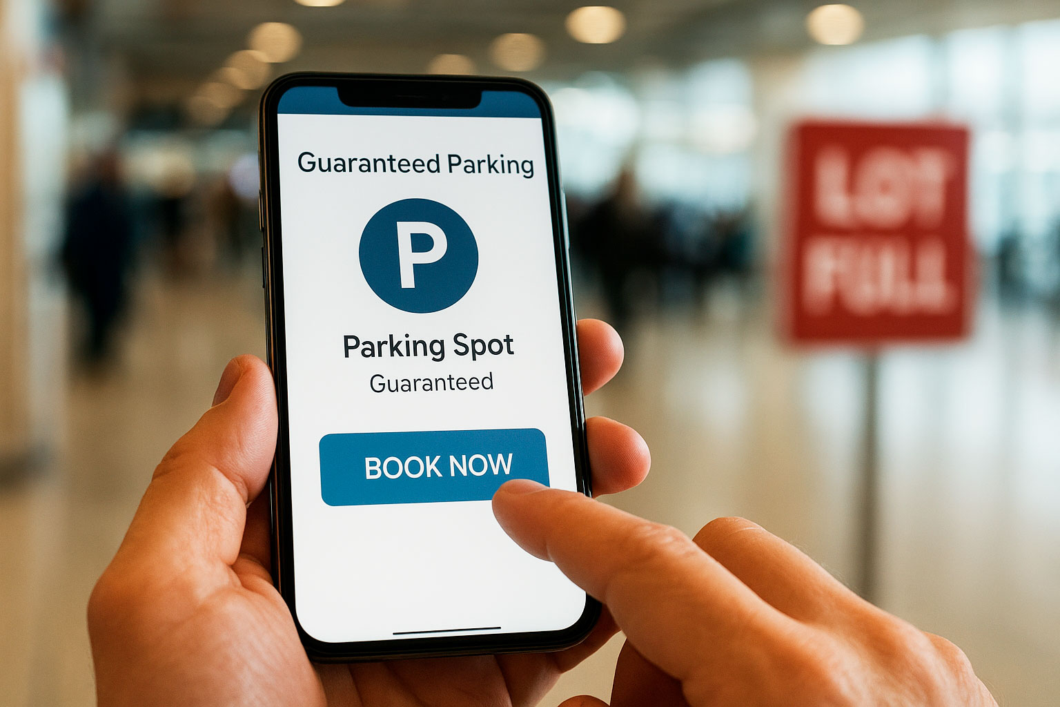 Traveler urgently using a phone to book a guaranteed parking space using a last-minute airport parking reservation app.