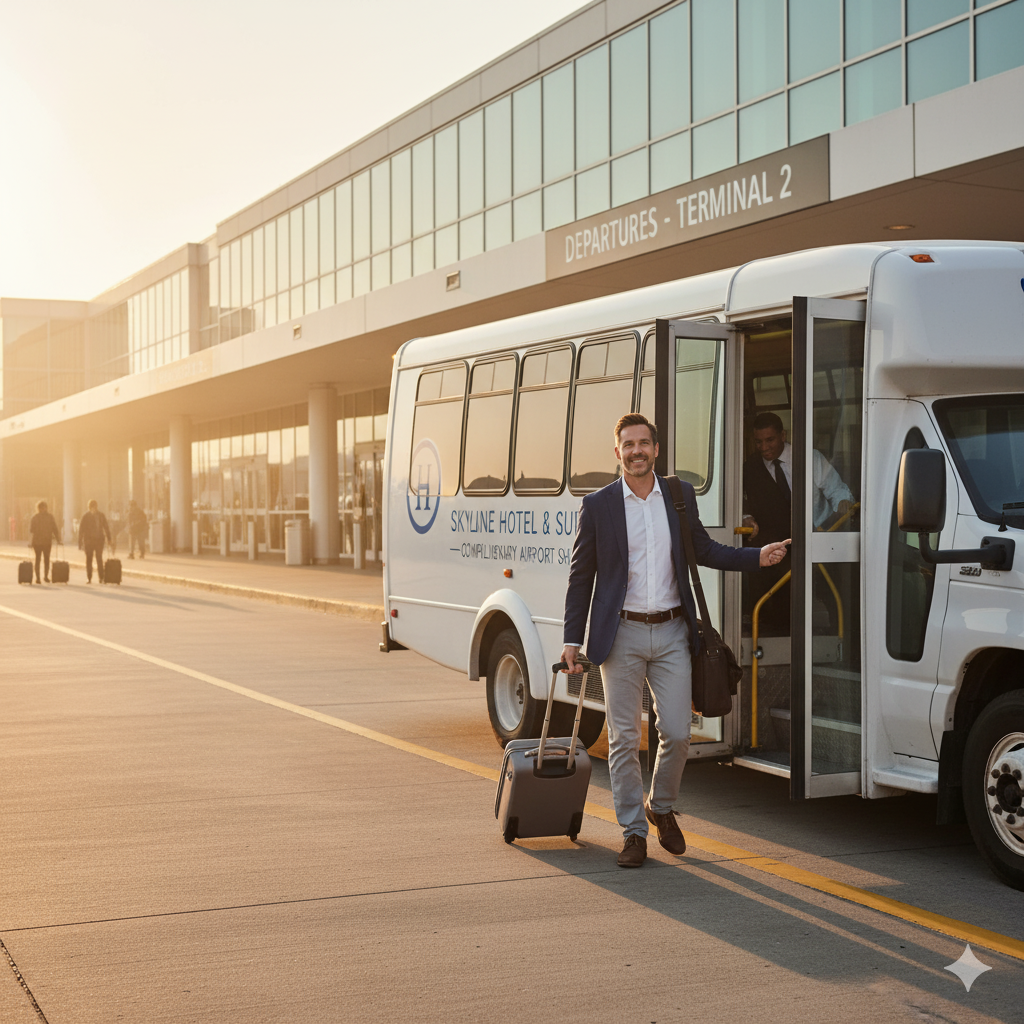 A well-rested traveler being dropped off by a Park Sleep Fly shuttle directly at the airport terminal entrance early in the morning.