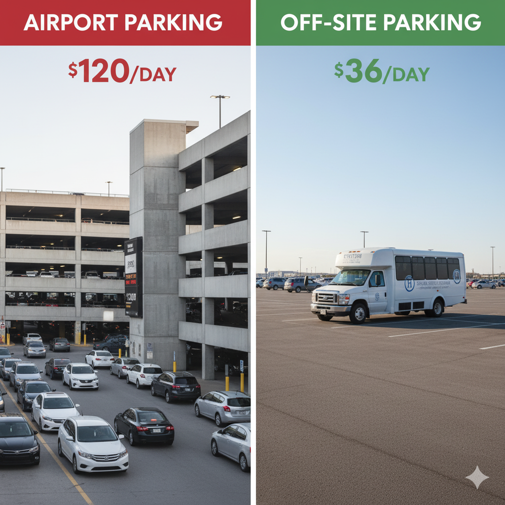 Visual comparison graphic showing the high cost of on-site airport parking contrasted with the lower rate and free shuttle service of off-site parking.