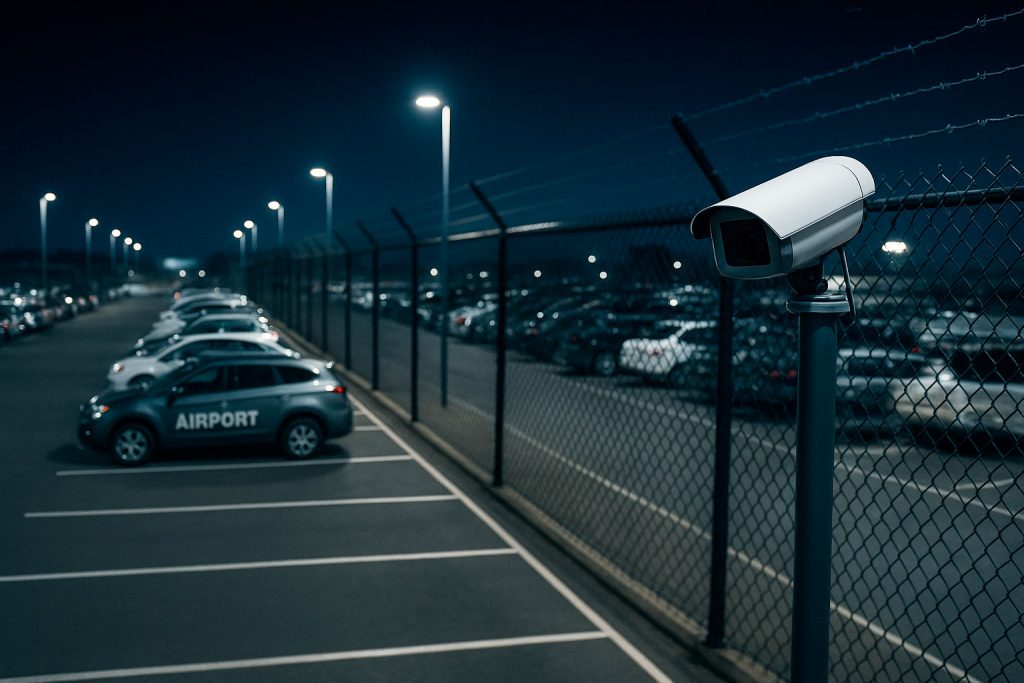 High-angle view of a secure airport parking facility at night, highlighting bright lighting, controlled gate access, and visible CCTV surveillance cameras.