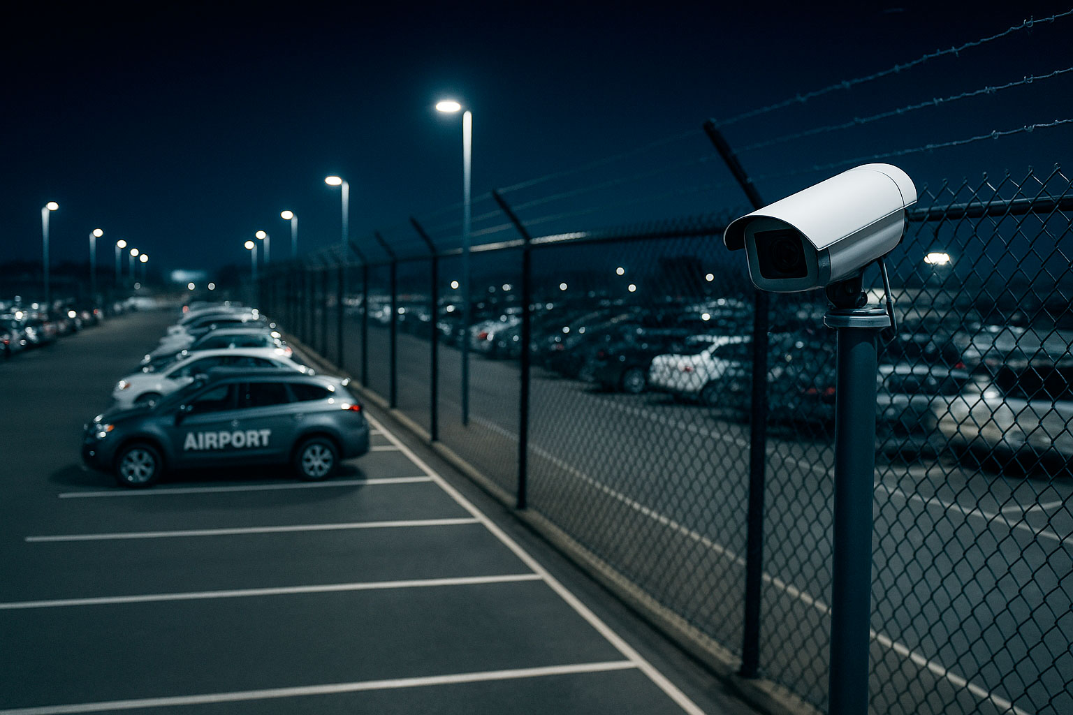 High-angle view of a secure airport parking facility at night, highlighting bright lighting, controlled gate access, and visible CCTV surveillance cameras.