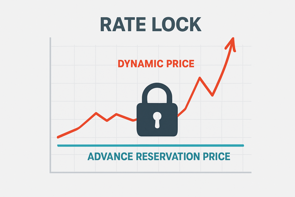 Chart showing volatile dynamic parking price fluctuations over time, contrasted with a steady, low line representing the guaranteed advance booking rate.