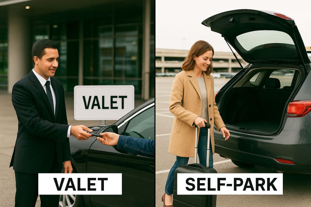 Split image illustrating valet vs self-park airport options, contrasting the convenience of valet drop-off with the control of self-parking.
