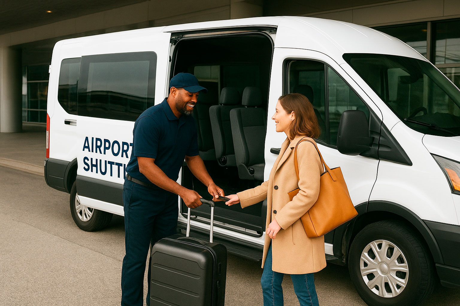 Traveler receiving luggage assistance from a driver while boarding a complimentary airport shuttle service for a stress-free transfer to the terminal.