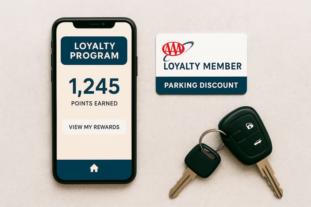 Smartphone screen showing a Spot Club loyalty app and a physical AAA parking discount card, symbolizing membership savings on airport parking.
